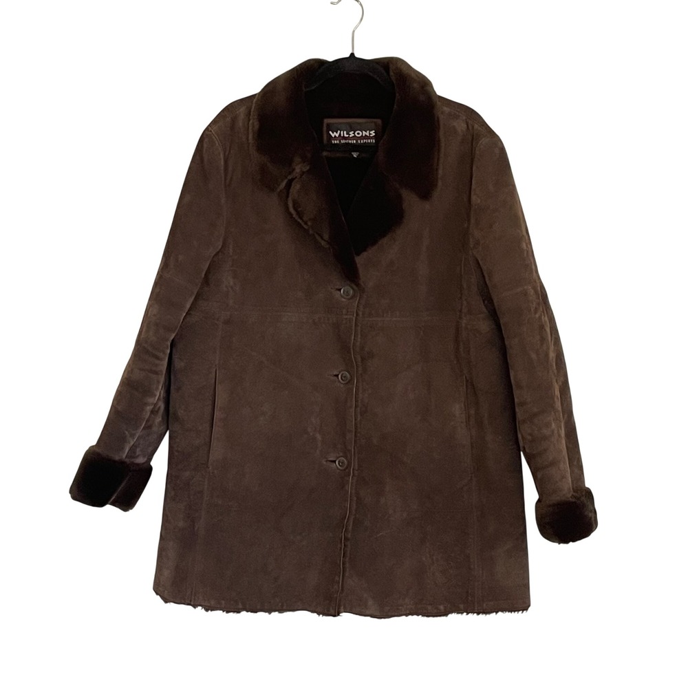 Wilsons The Leather Experts Womens XL Brown Suede Faux Fur Lined Car Coat Jacket